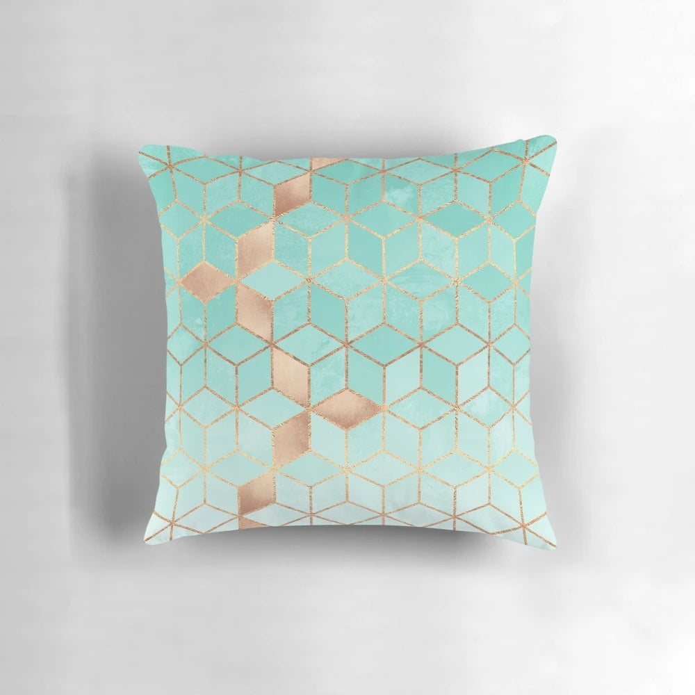 Soft gradient aquamarine decorative pillow with geometric pattern