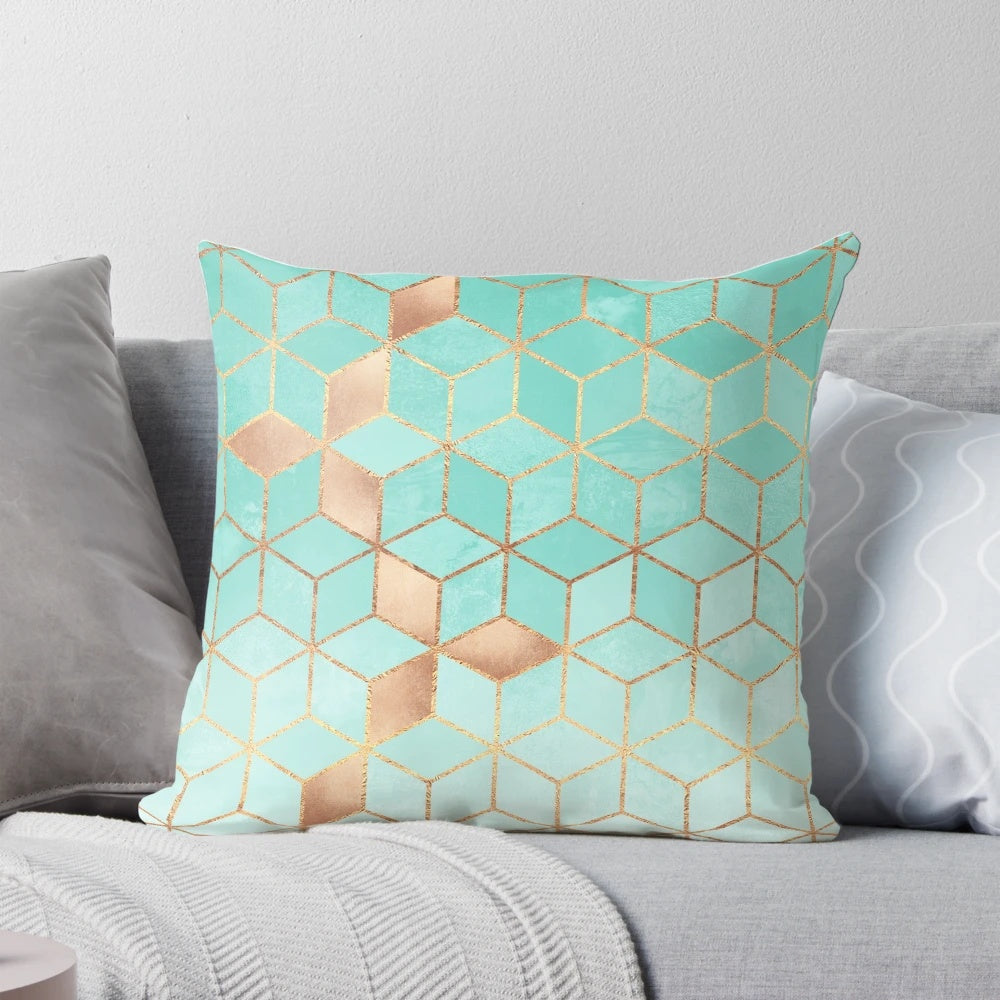 Soft gradient aquamarine decorative pillow with geometric pattern