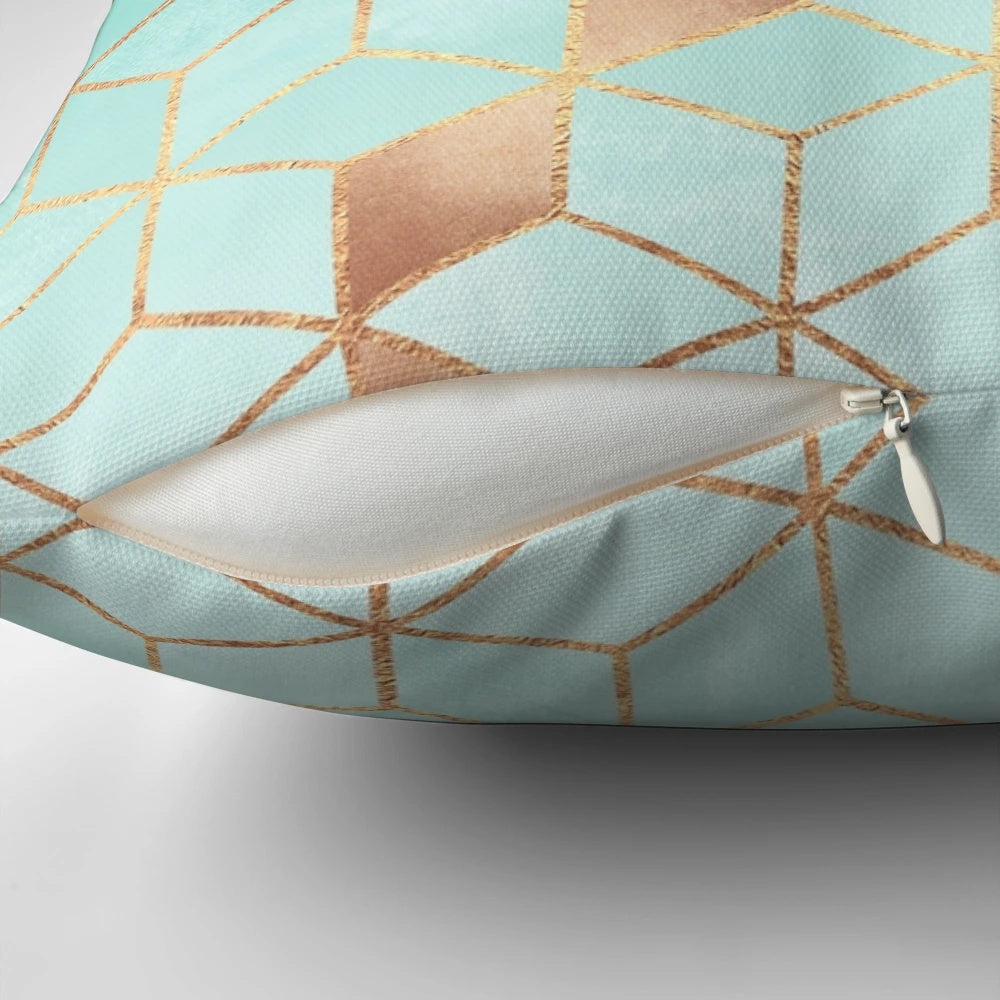 Soft gradient aquamarine decorative pillow with geometric pattern