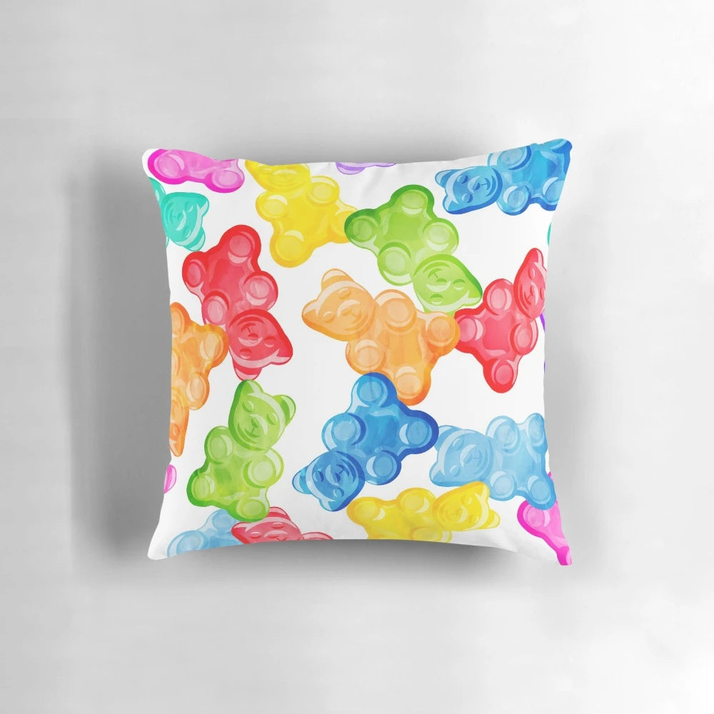 Soft, plush gummy bear pillow in bright, colorful design
