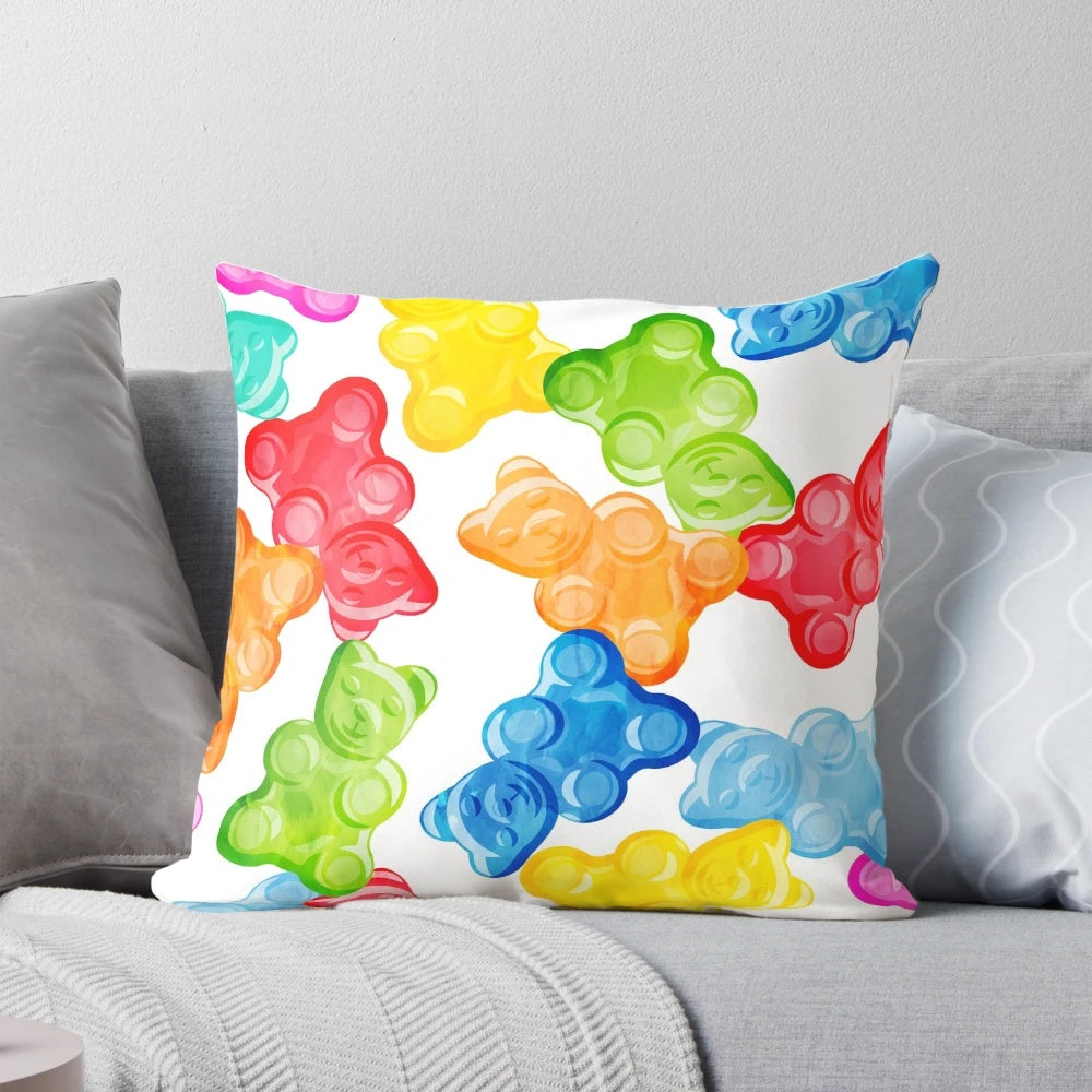 Soft, plush gummy bear pillow in bright, colorful design