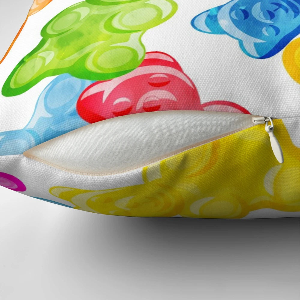 Soft, plush gummy bear pillow in bright, colorful design
