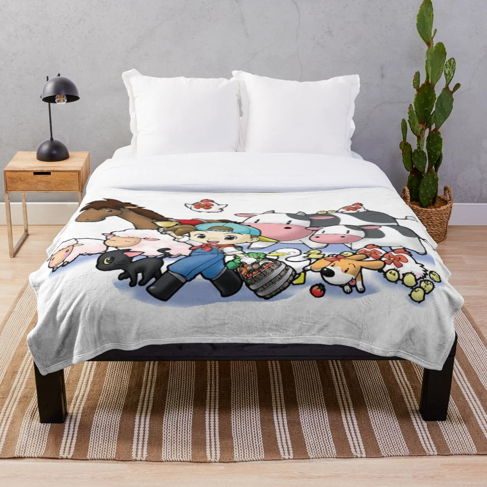 Harvest Moon-themed plush blanket with farm animal designs
