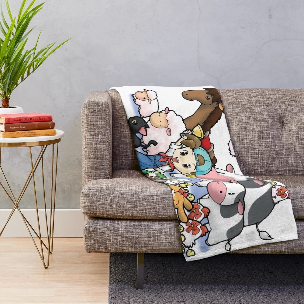 Harvest Moon-themed plush blanket with farm animal designs