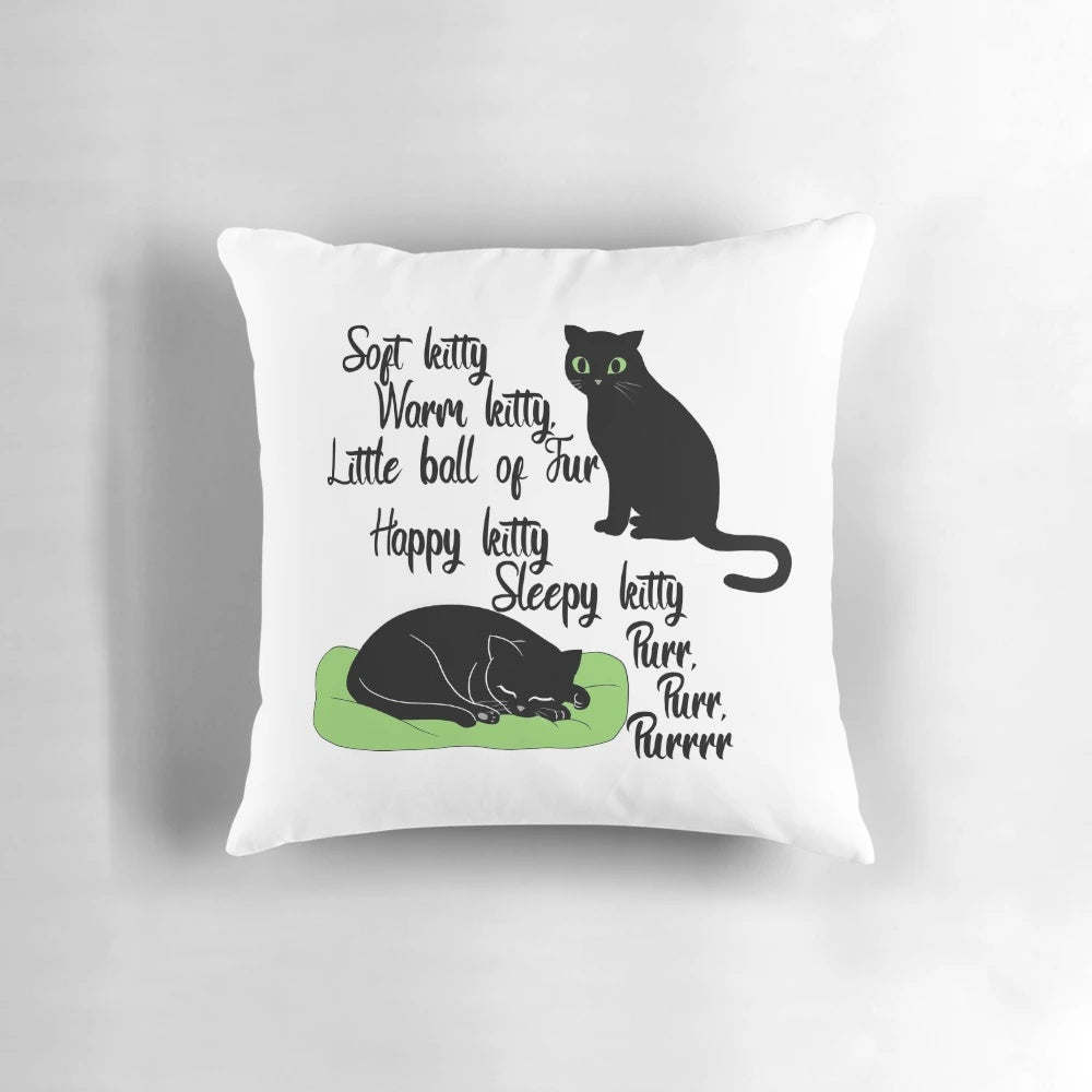Soft Kitty Black Cat Pillow featuring a cozy, plush design inspired by the beloved "Soft Kitty" song from Big Bang Theory