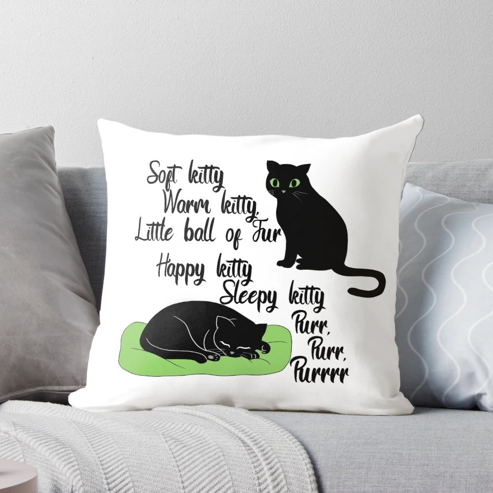 Soft Kitty Black Cat Pillow featuring a cozy, plush design inspired by the beloved "Soft Kitty" song from Big Bang Theory