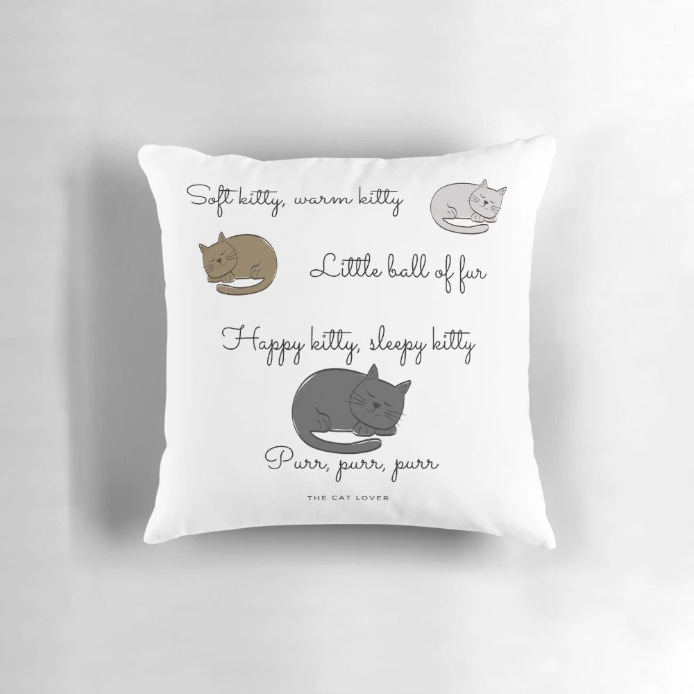 Soft and plush cat-themed pillow with "Soft Kitty, Warm Kitty" design