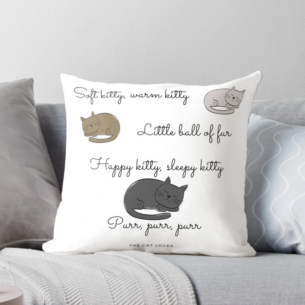 Soft and plush cat-themed pillow with "Soft Kitty, Warm Kitty" design