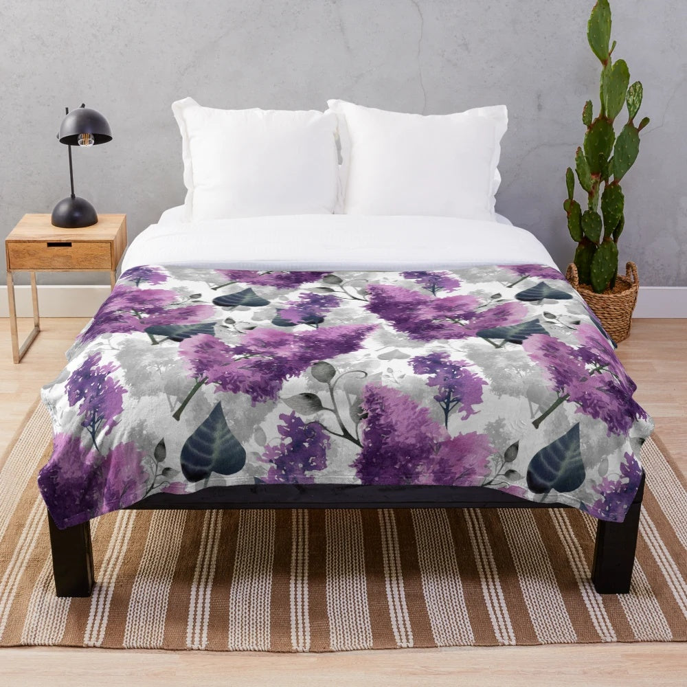 Lilac plush blanket with watercolor floral pattern