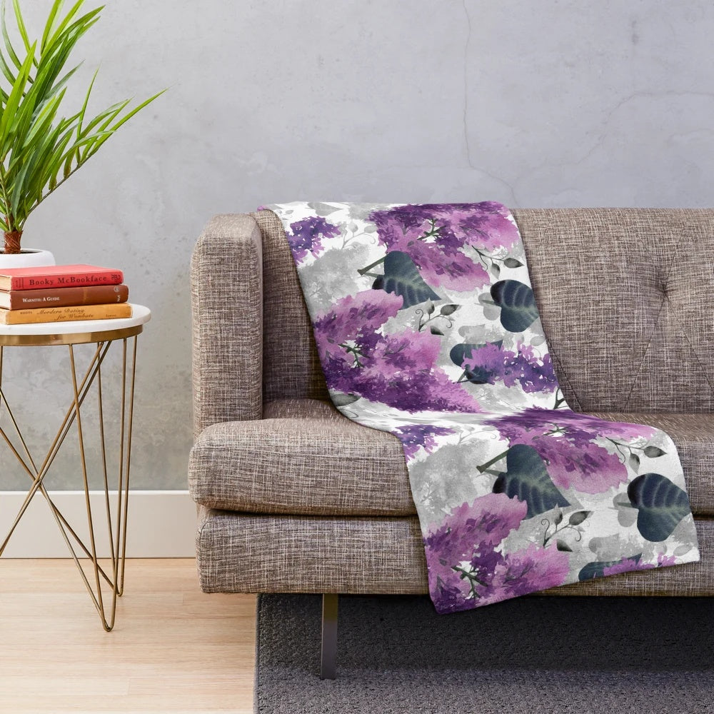 Lilac plush blanket with watercolor floral pattern
