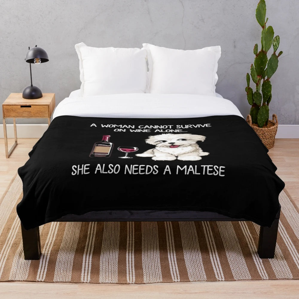 Maltese dog and wine themed plush blanket