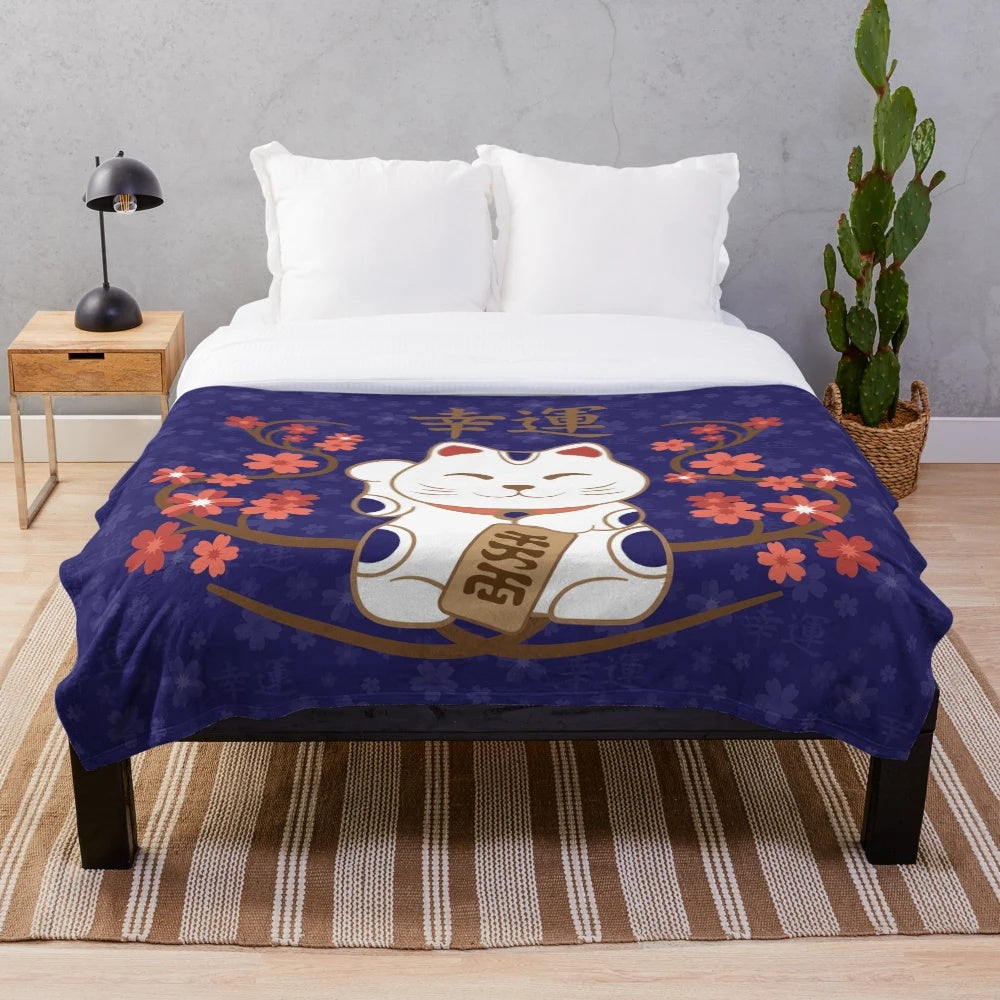 Maneki-neko cat plush blanket with kanji good luck symbol
