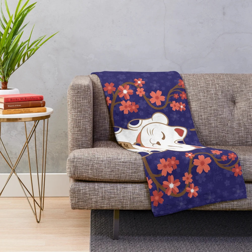 Maneki-neko cat plush blanket with kanji good luck symbol