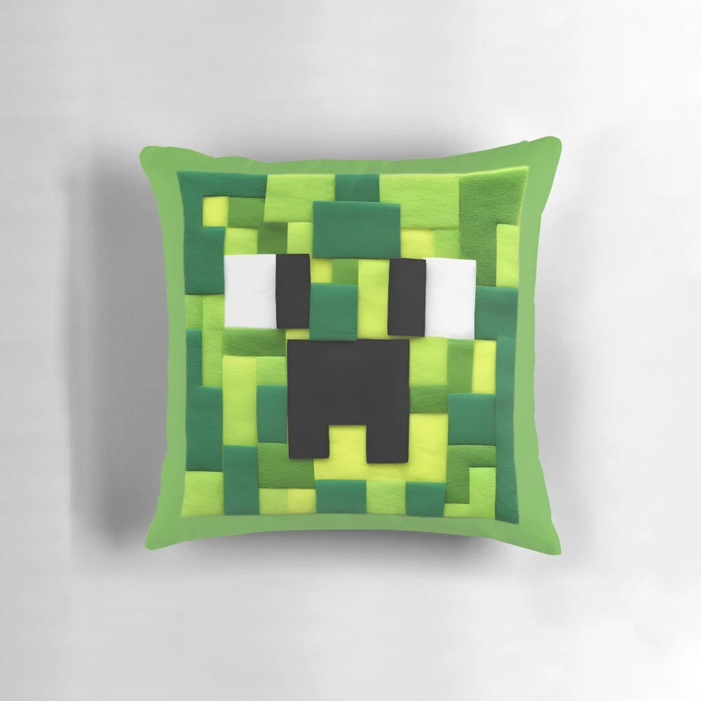 Soft and plush Minecraft Creeper-shaped pillow, perfect for gaming and kids' bedrooms