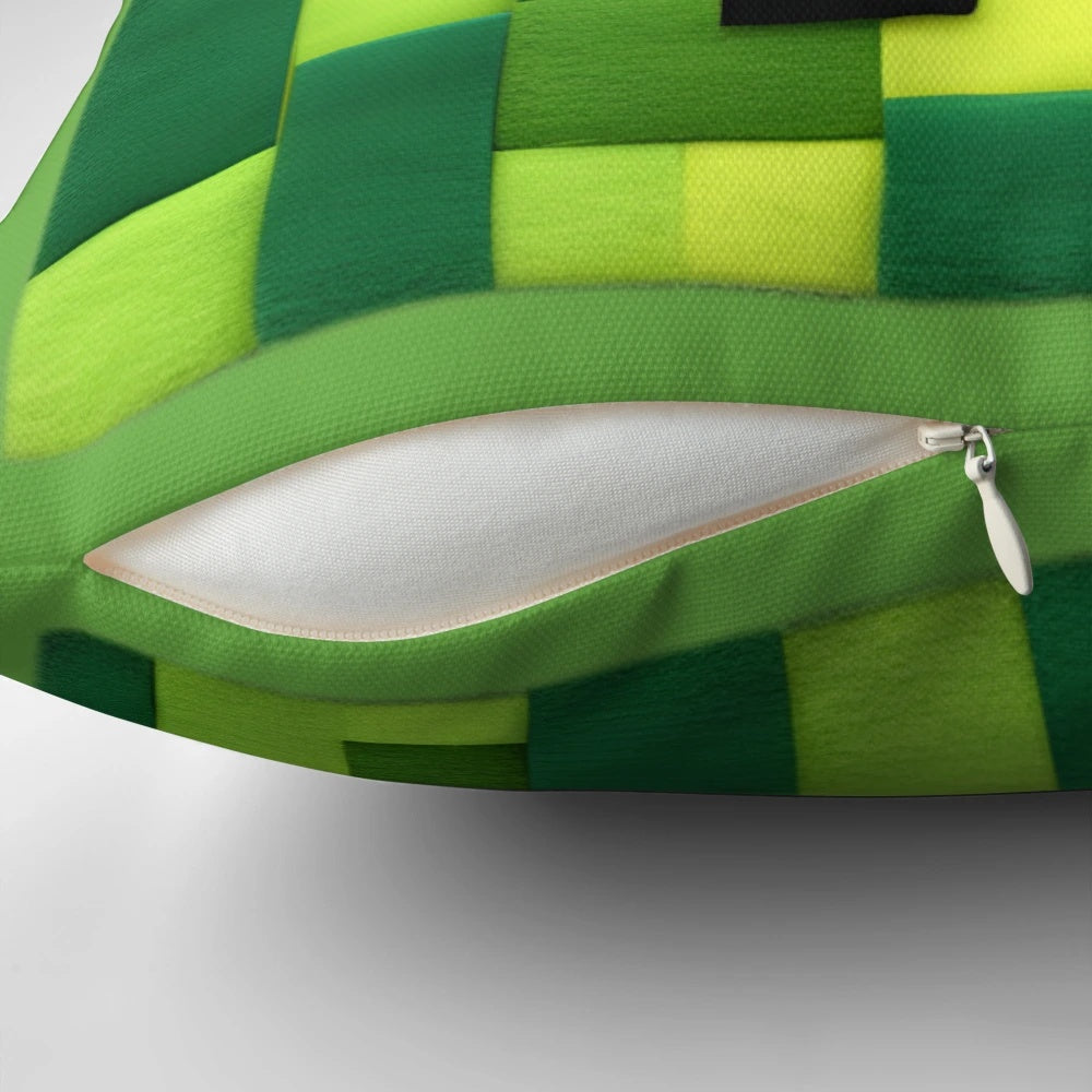 Soft and plush Minecraft Creeper-shaped pillow, perfect for gaming and kids' bedrooms