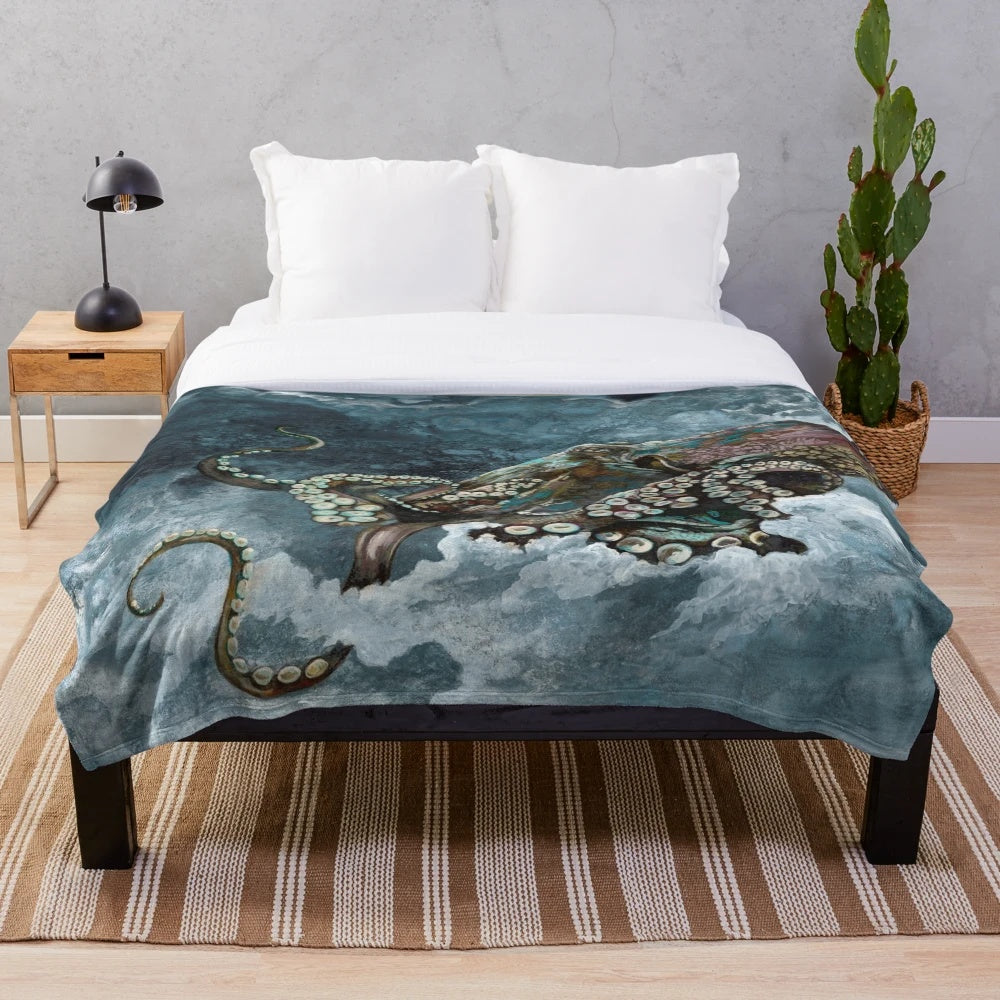 Octopus plush blanket with blue tentacles and ink painting-style design