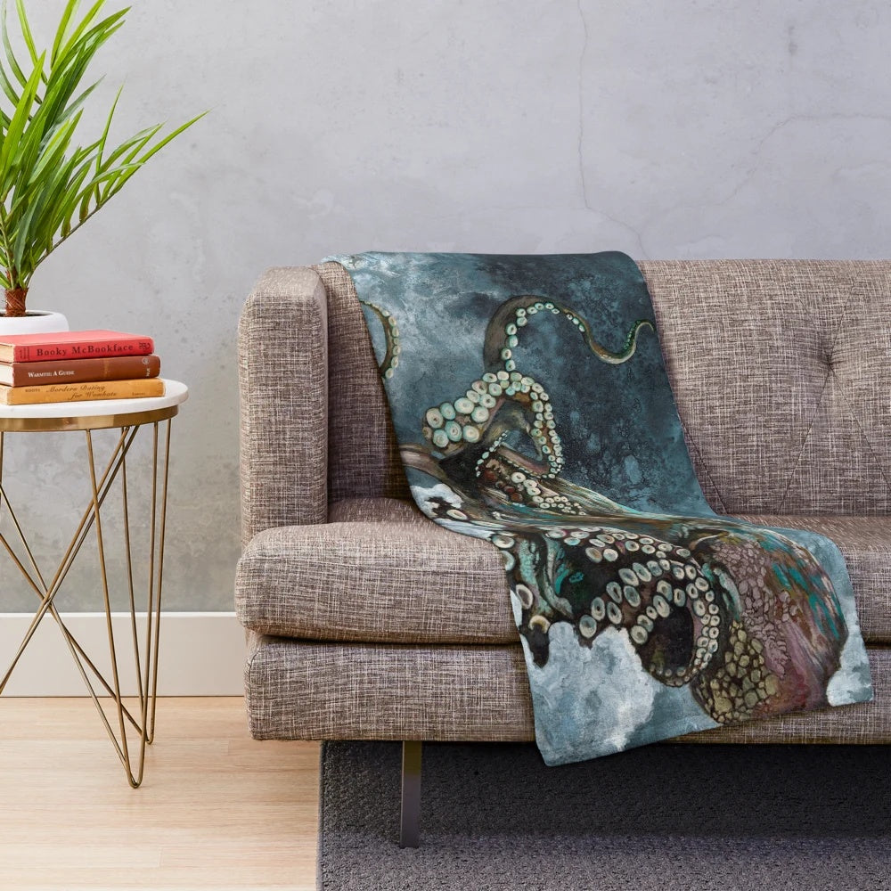 Octopus plush blanket with blue tentacles and ink painting-style design