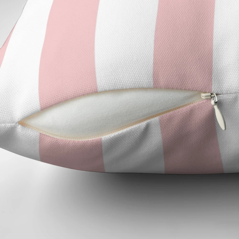 Pale pink rose and white striped decorative throw pillow