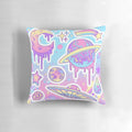 Soft, pastel-colored decorative throw pillow with a galaxy, planet, and stars design