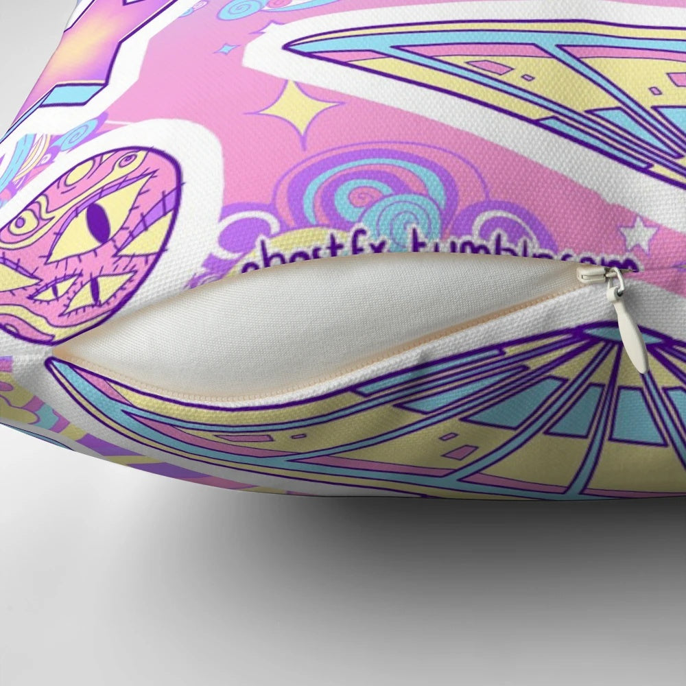 Soft, pastel-colored decorative throw pillow with a galaxy, planet, and stars design