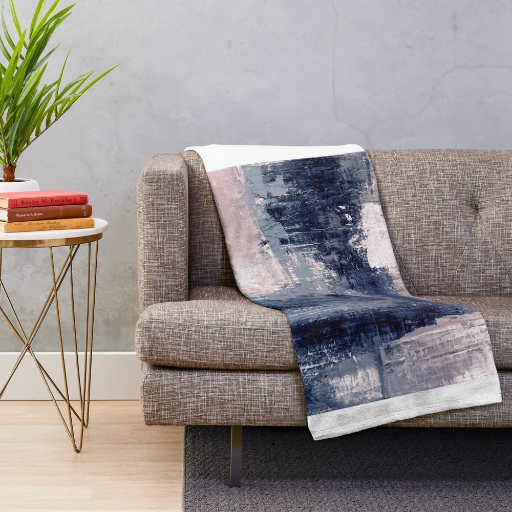 Pink and navy plush blanket with modern abstract art pattern