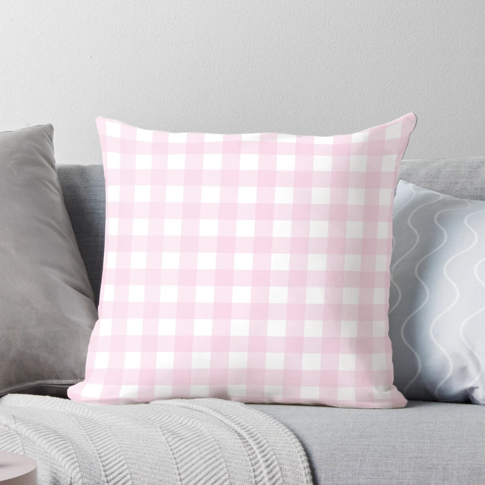 Soft pink and white pastel striped checkered plaid pattern pillow