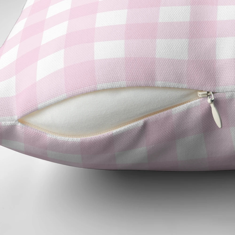 Soft pink and white pastel striped checkered plaid pattern pillow