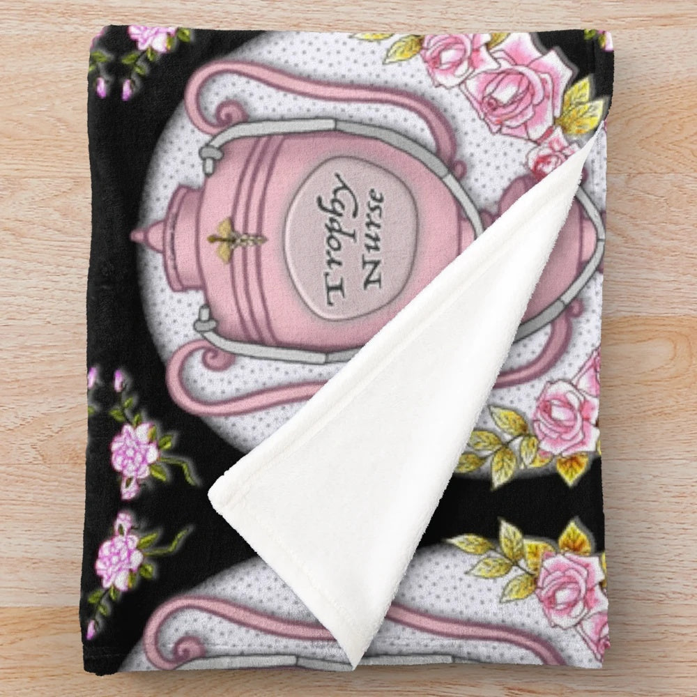 Soft pink plush blanket with trophy nurse graphic