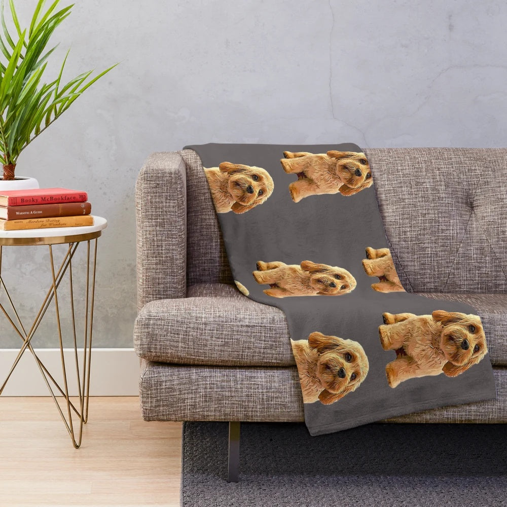 Soft plush pet blanket featuring adorable doodle puppy design