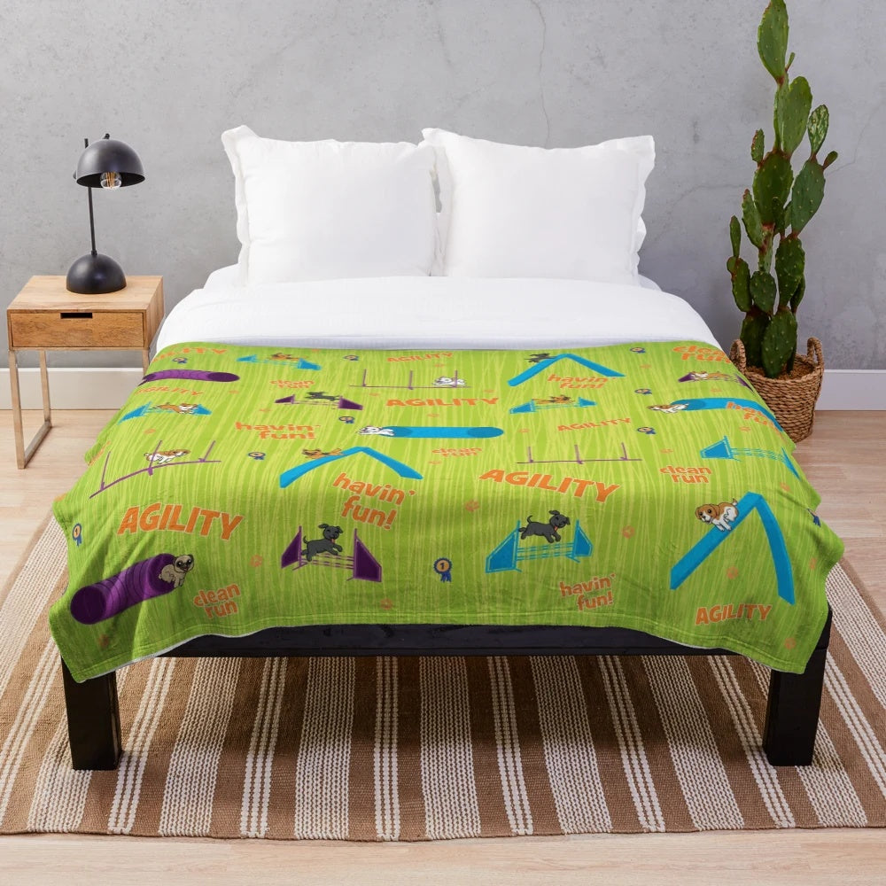 Plush blanket with dog agility design