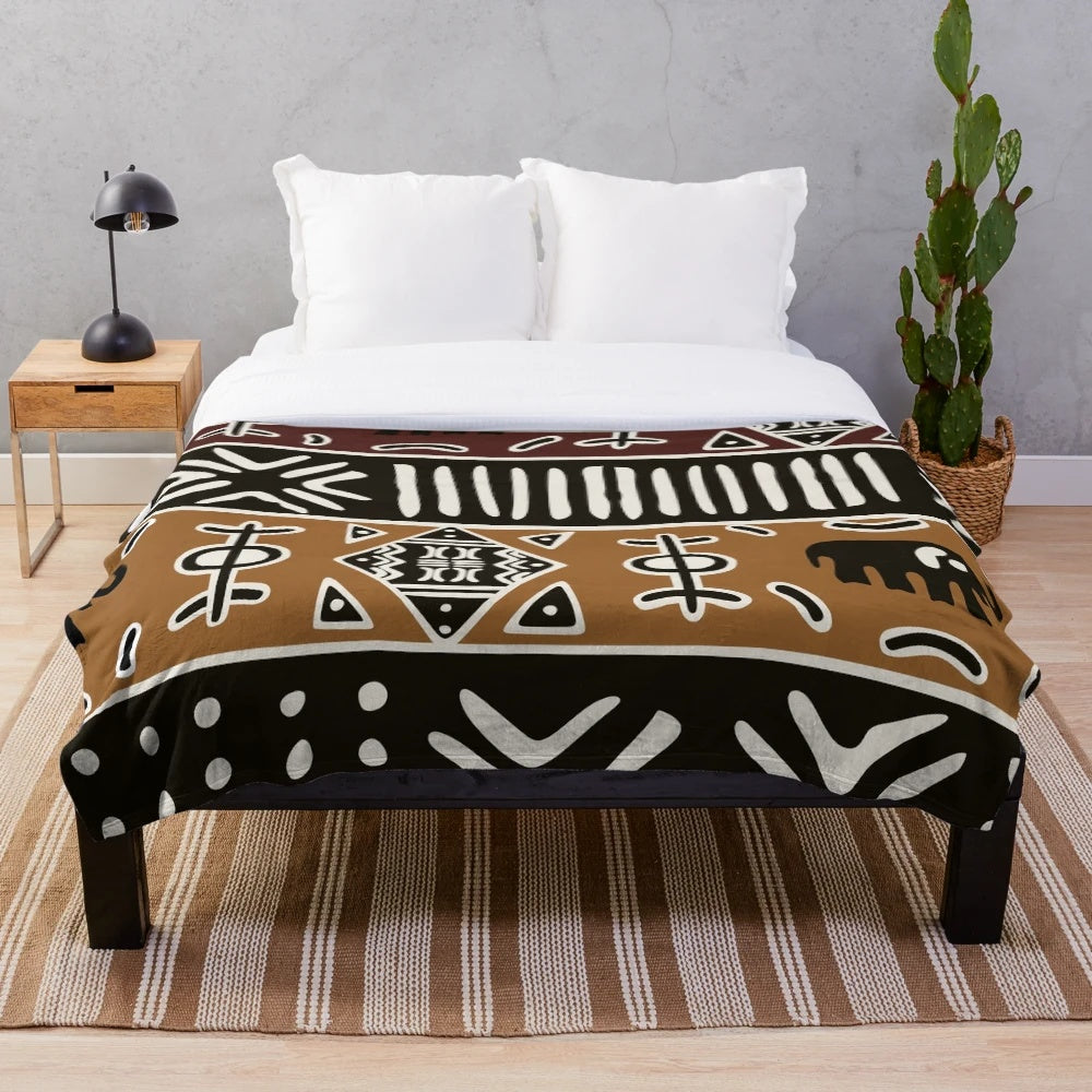 Soft plush blanket with tribal African mud cloth pattern and elephant design