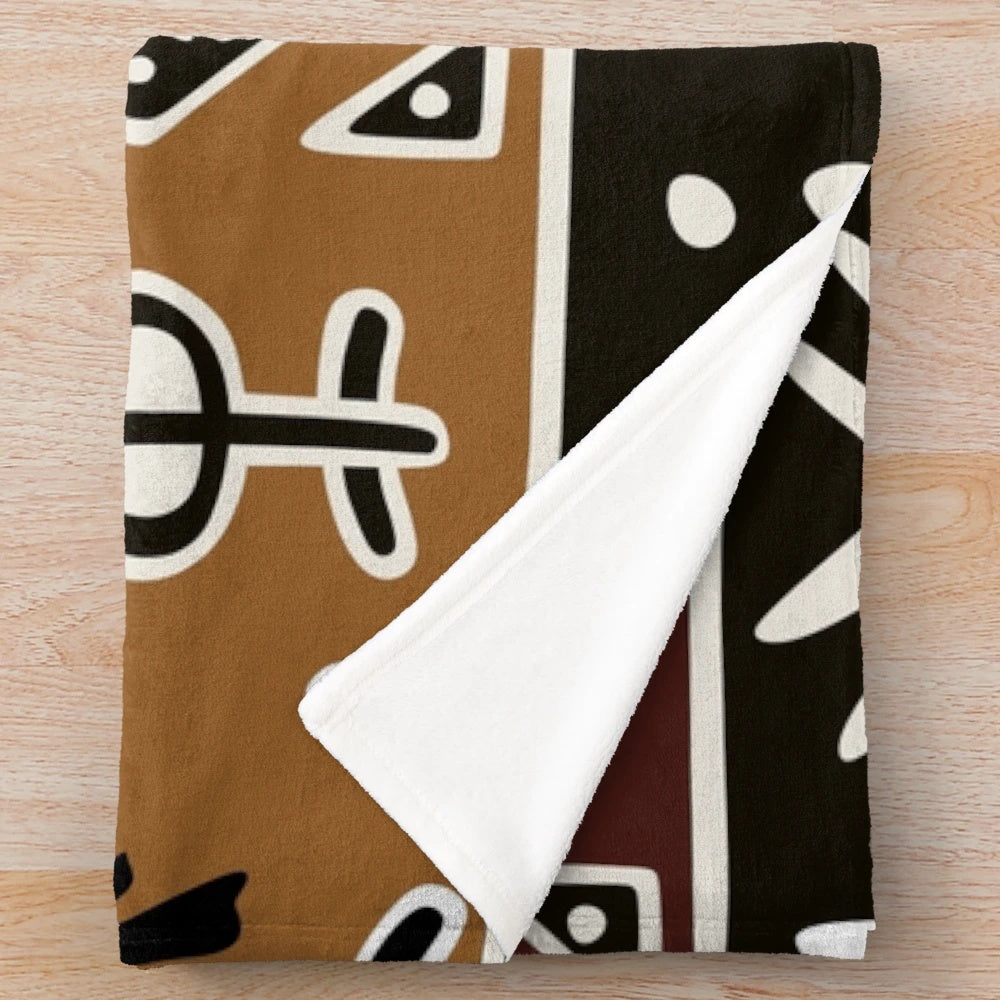 Soft plush blanket with tribal African mud cloth pattern and elephant design