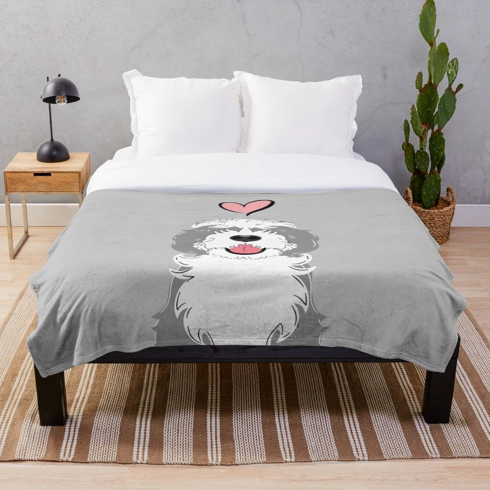 Soft and plush grey and white sheepadoodle design blanket