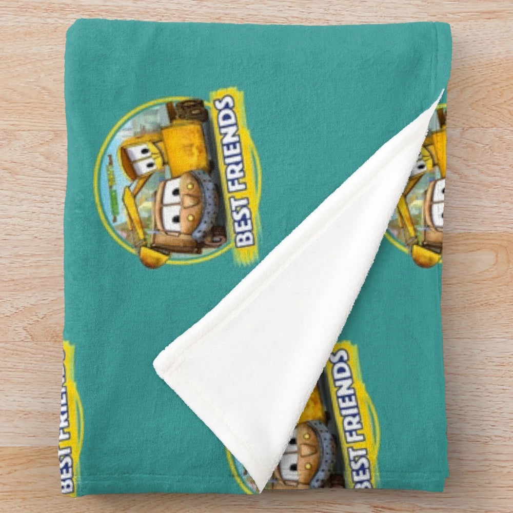 Cozy kids plush blanket featuring excavator and bulldozer designs from The Stinky and Dirty Show