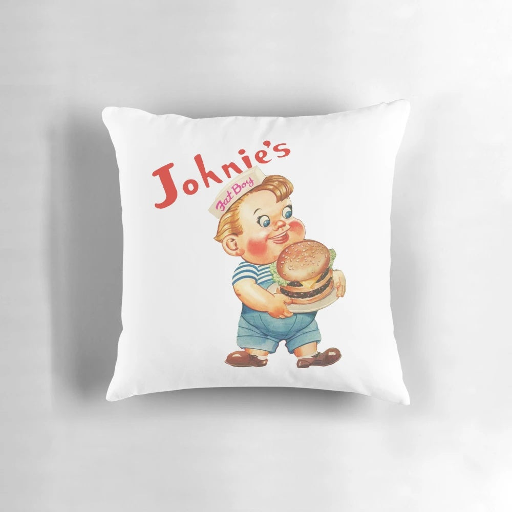 A soft, plush decorative pillow featuring an obese male child design.