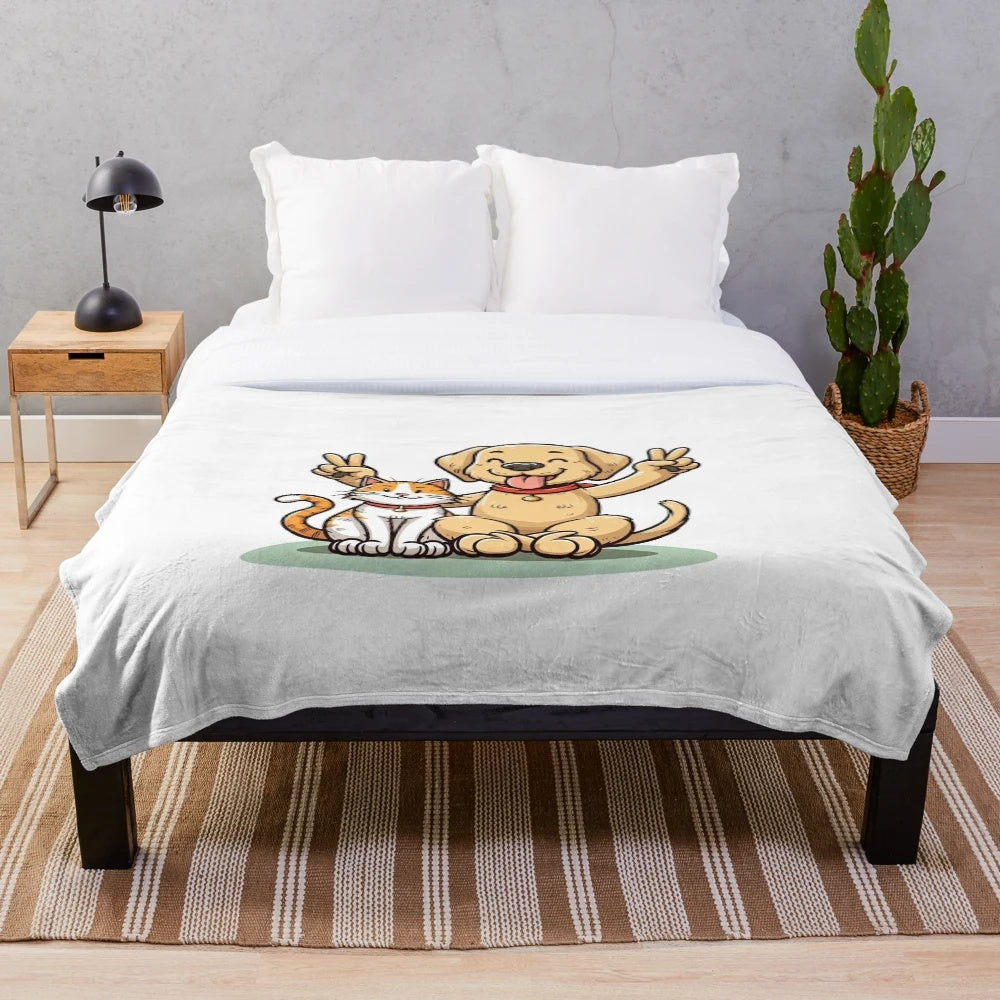 Plush pet themed blanket with cat and dog "peace" design