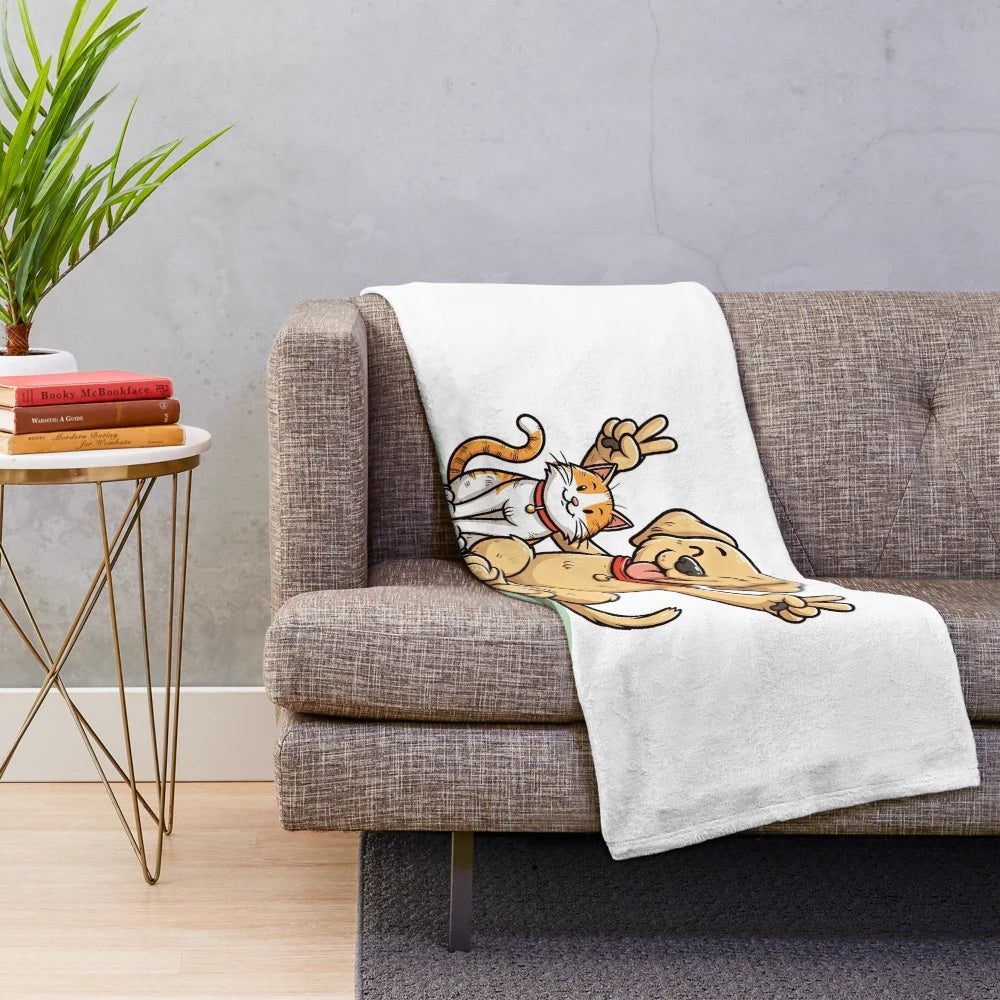 Plush pet themed blanket with cat and dog "peace" design