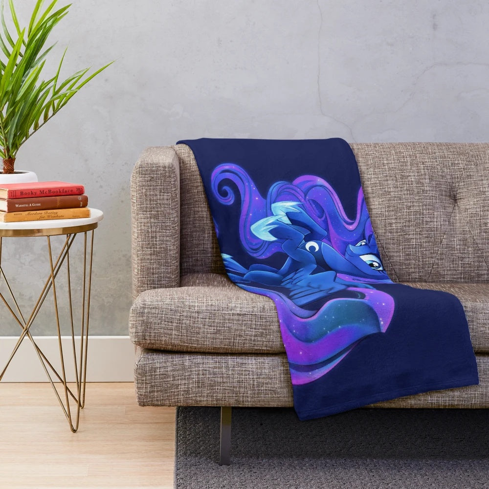 Princess Luna inspired plush blanket with navy blue and moon design