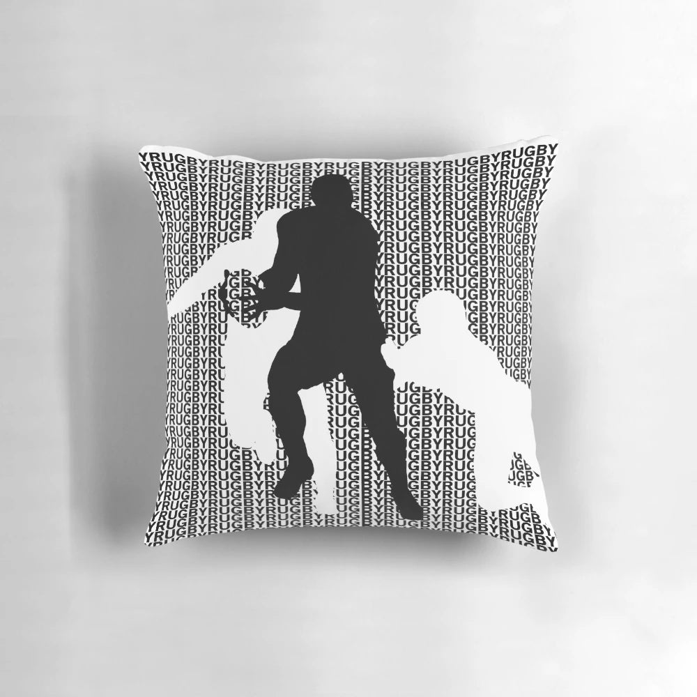 A black and white rugby tackle pillow, perfect for rugby players, sports enthusiasts, and athletes.