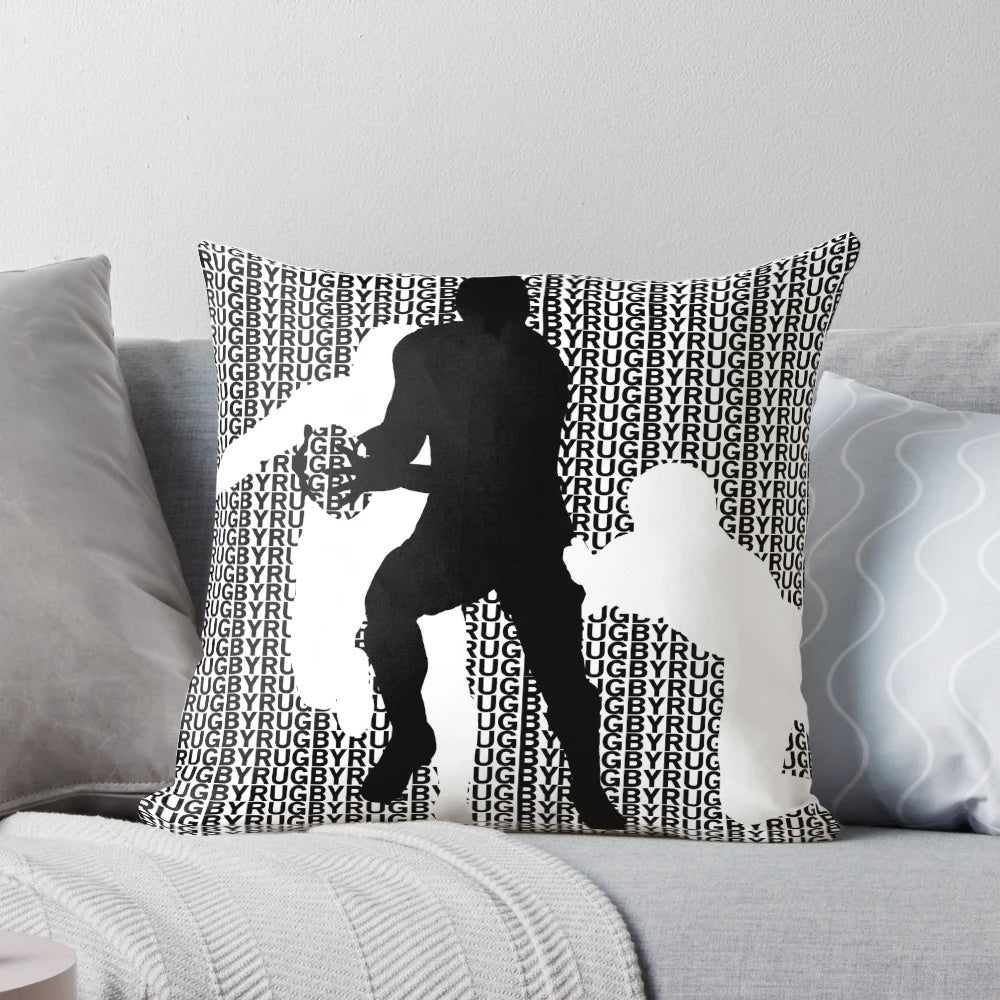 A black and white rugby tackle pillow, perfect for rugby players, sports enthusiasts, and athletes.