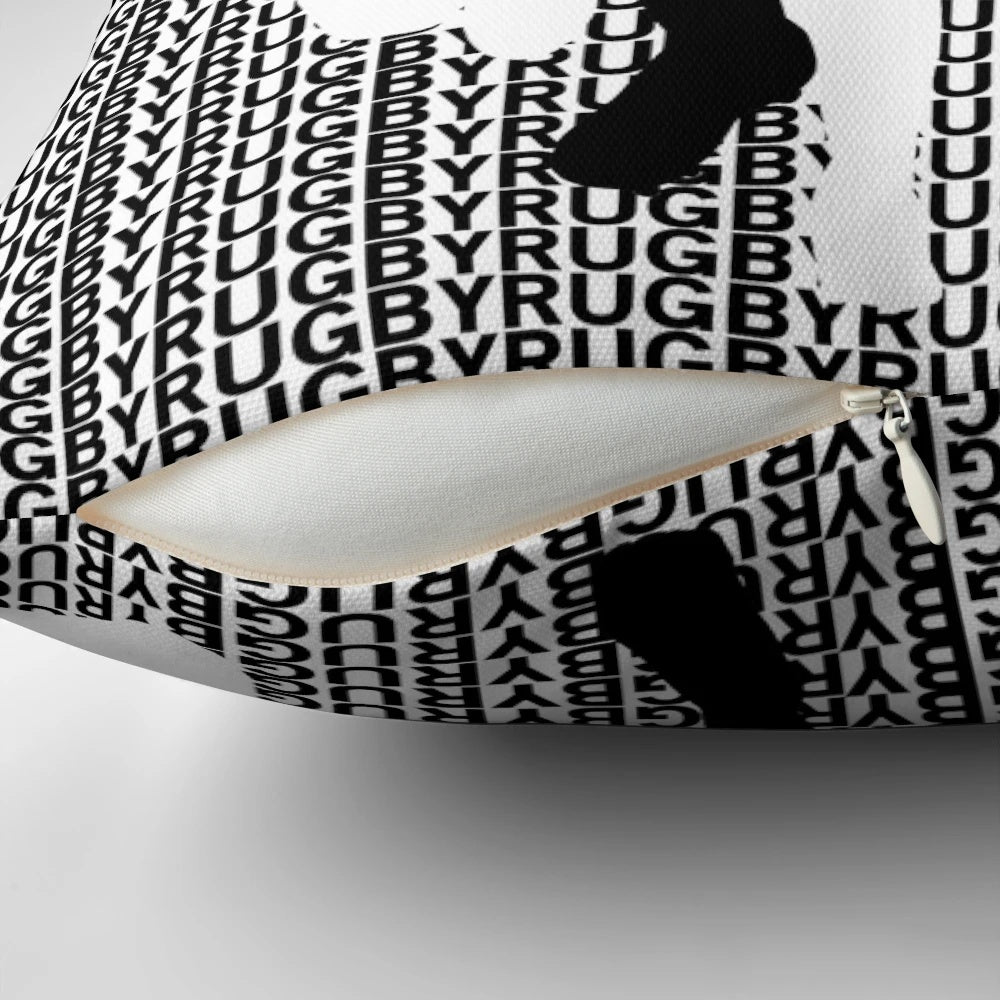 A black and white rugby tackle pillow, perfect for rugby players, sports enthusiasts, and athletes.