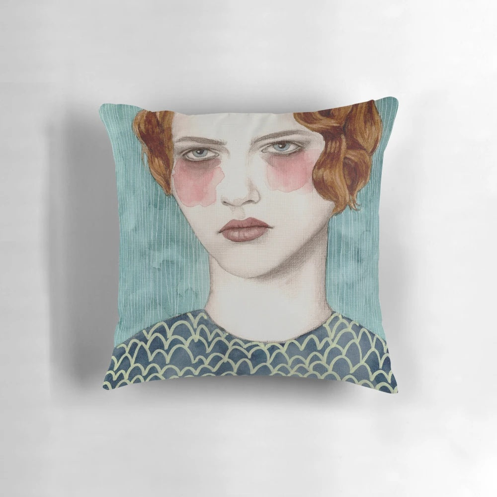 Soft, decorative girl pillow with watercolor and textured design for home or bedroom decor.