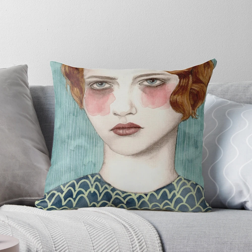 Soft, decorative girl pillow with watercolor and textured design for home or bedroom decor.