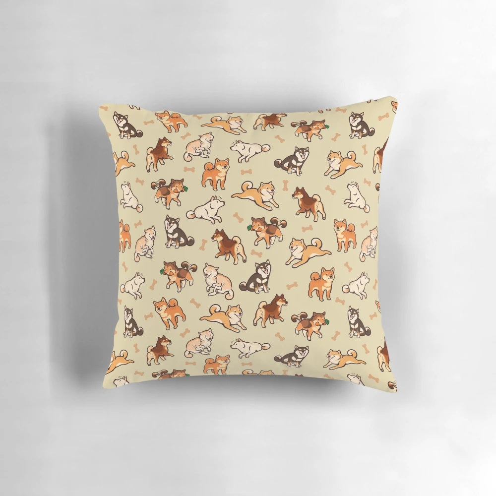 Soft and plush pillow with a charming shiba inu dog pattern in cream and yellow colors.