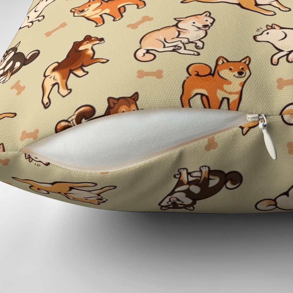 Soft and plush pillow with a charming shiba inu dog pattern in cream and yellow colors.