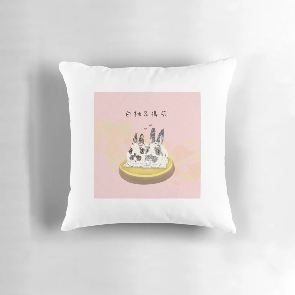 Soft and plush pillow featuring two adorable white and grey bunnies in a peaceful, snoozing pose