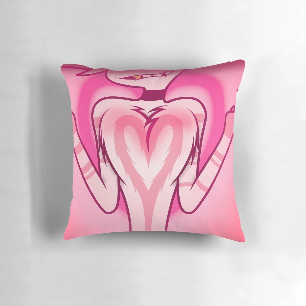 Fluffy, plush pillow inspired by the character Angel Dust from the Hazbin Hotel series