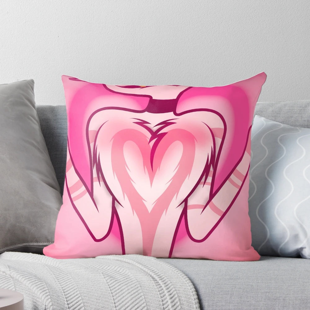 Fluffy, plush pillow inspired by the character Angel Dust from the Hazbin Hotel series