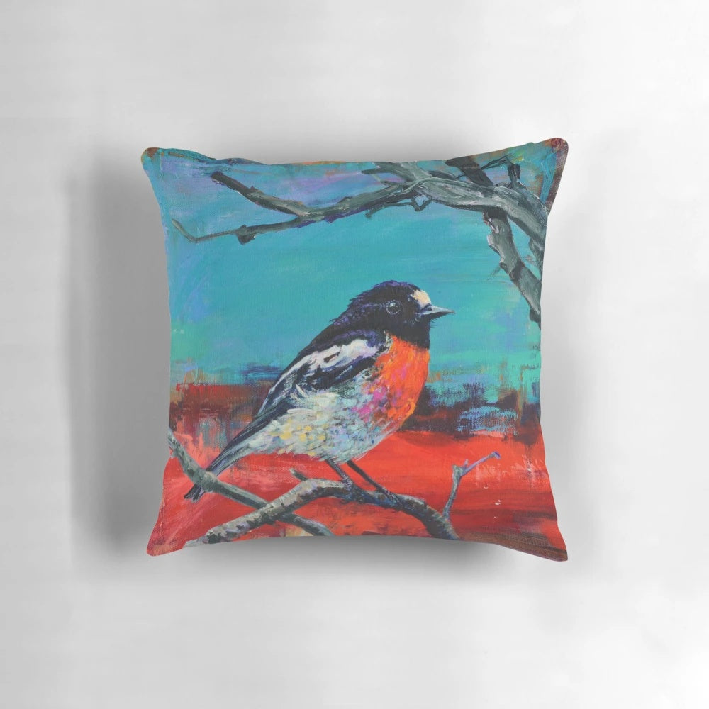 A vibrant bird painting titled "The Soft Spot" by Australian artist Cat Leonard.