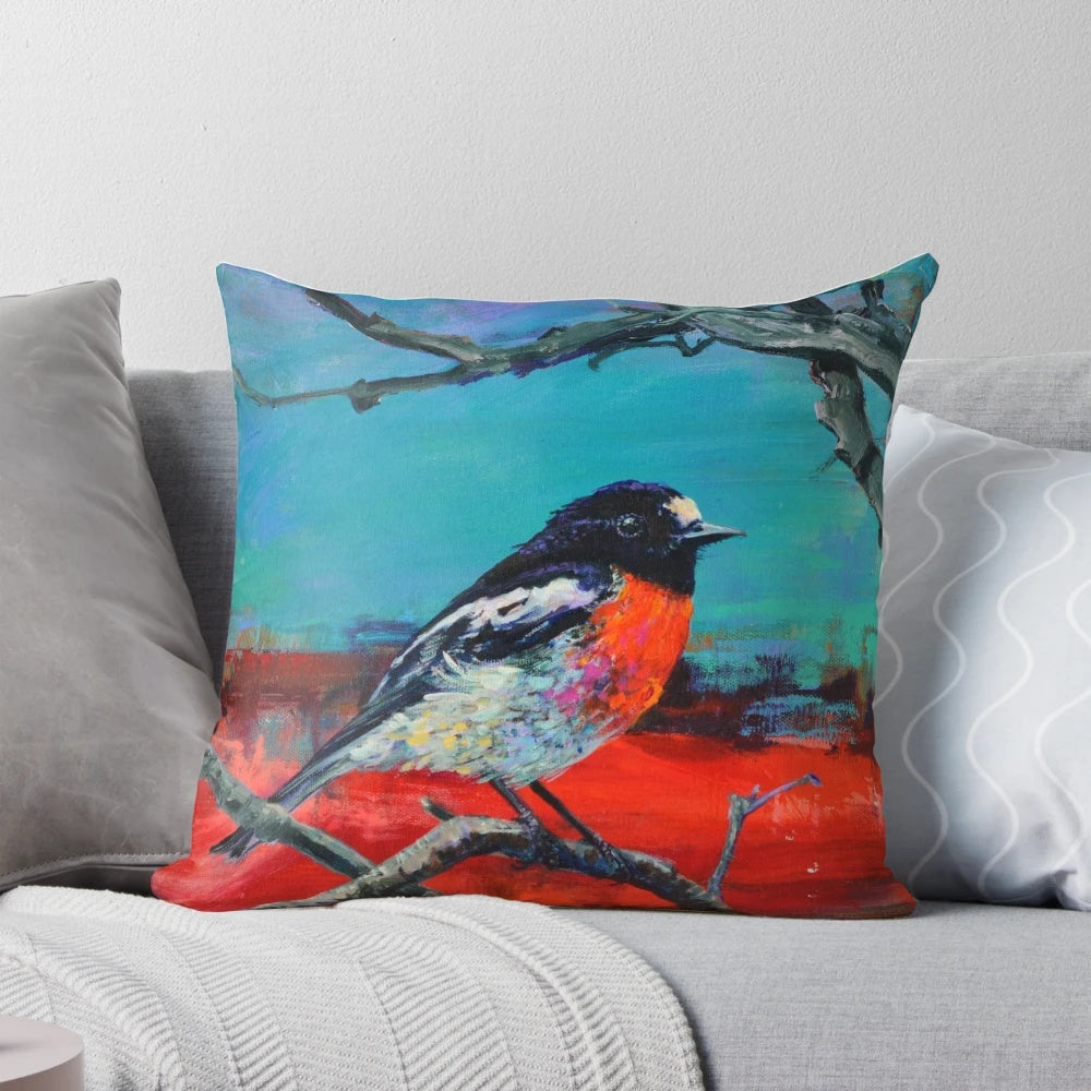 A vibrant bird painting titled "The Soft Spot" by Australian artist Cat Leonard.